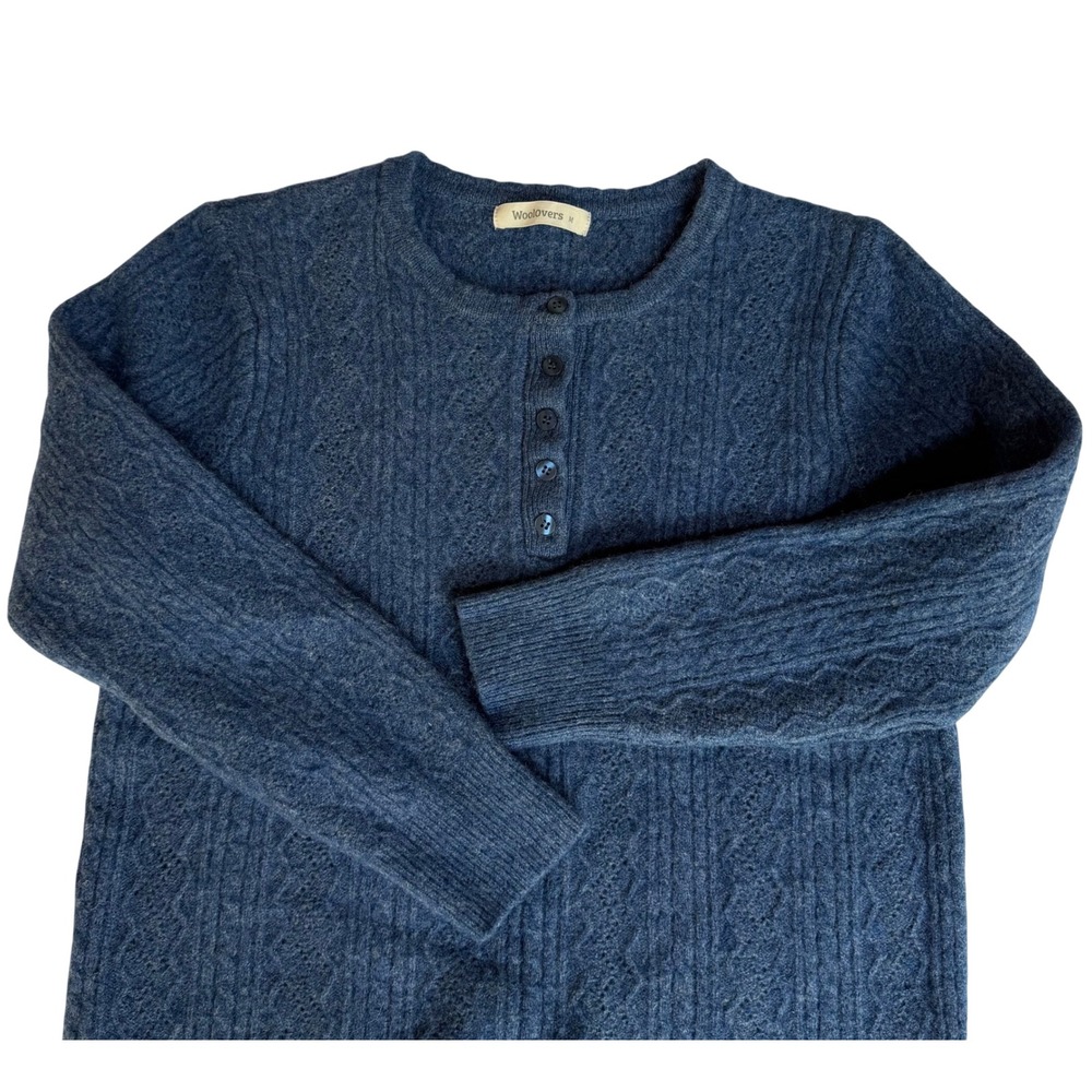 Woolovers 100% Lambswool Blue Henley Sweater Women Medium Cable Knit Pointelle